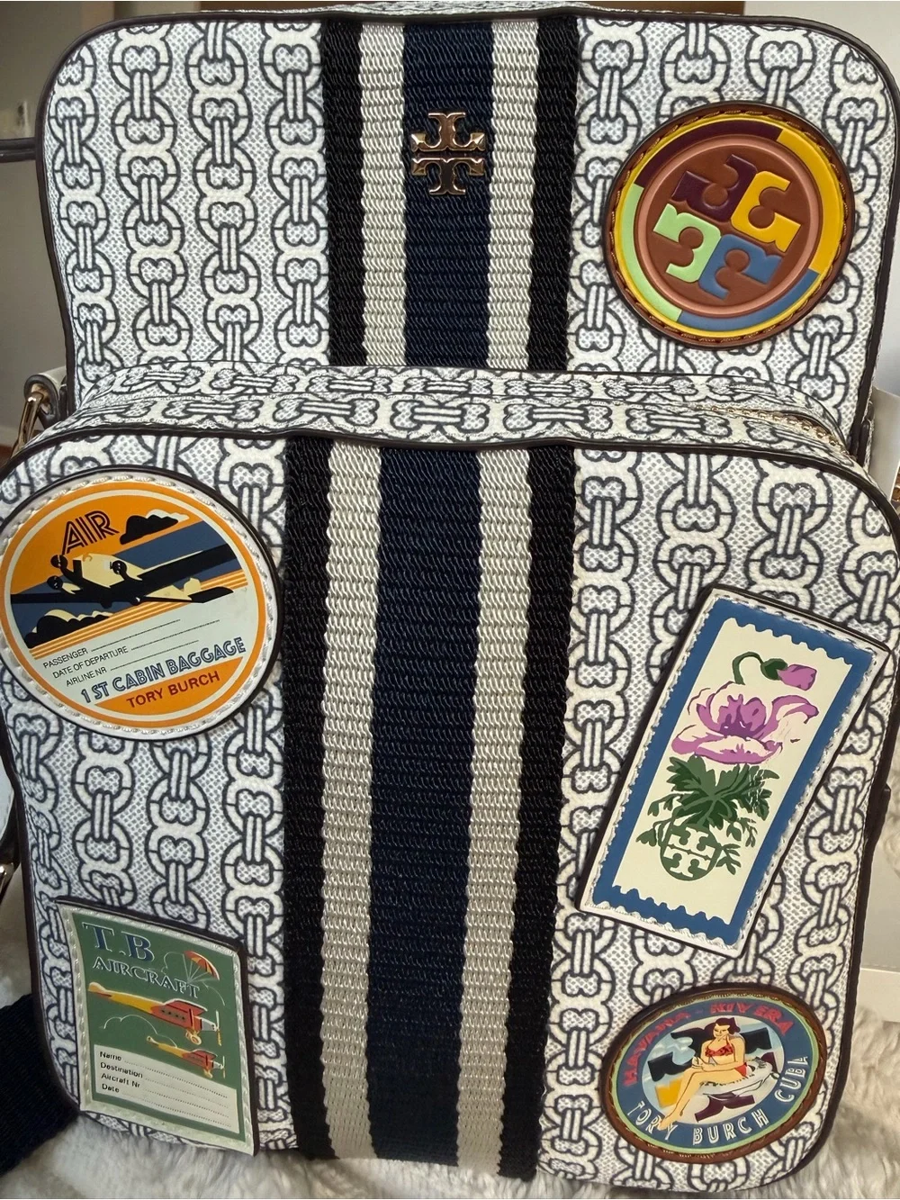 NWT Rare Tory Burch White, Navy & Black Printed Canvas Patch Crossbody Bag